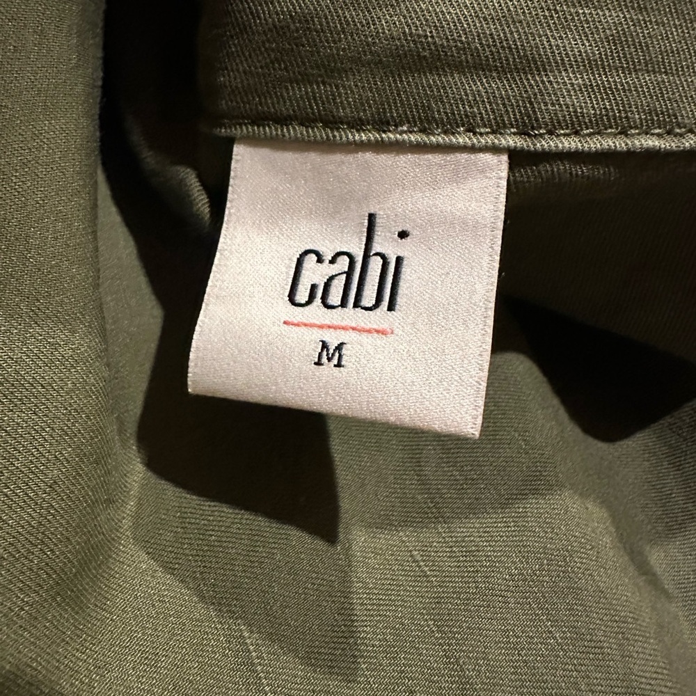 CAbi utility jacket moss/army green linen blend sequin bird/star patches Size M - Picture 10 of 12